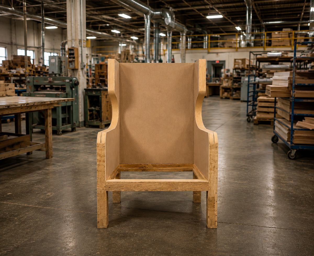 Bare wing chair frame on the Eaton shop floor