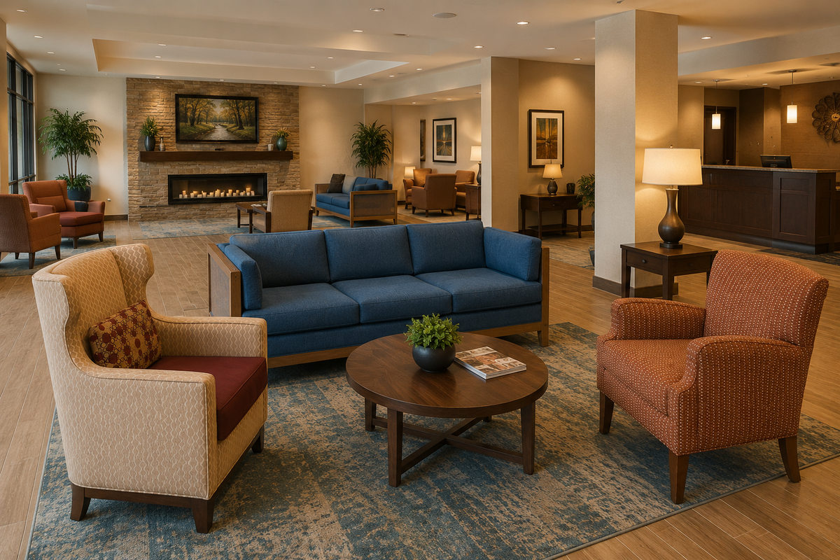 Hotel lobby lounge with Eaton blue sofa, wing chair and club chairs by a fireplace