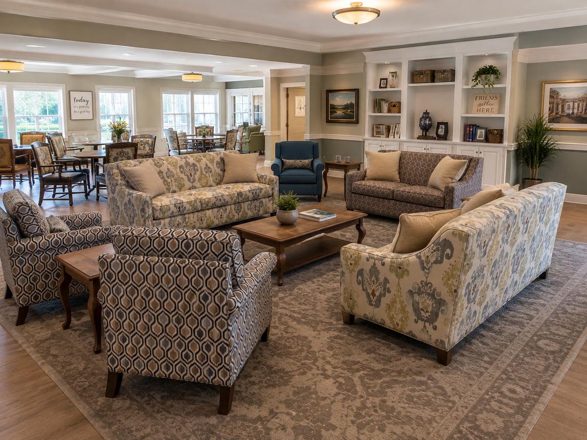 Senior living common room with Eaton sofas, loveseats and lounge chairs